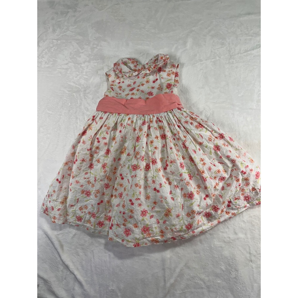 Maggie & Zoe Floral Dobby Dress 24M White Pink Sash Peter Pan Collar Baby Girl